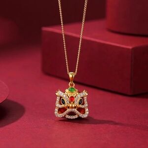 Lunar Legacy: 18K Gold Lion Dance Pendant Necklace